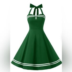 Green Halter-Style Fit & Flare Dress with Bow